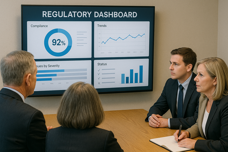 Regulatory dashboard and team reviewing compliance